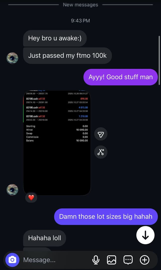 A member's own message: "Just passed my ftmo 100k".