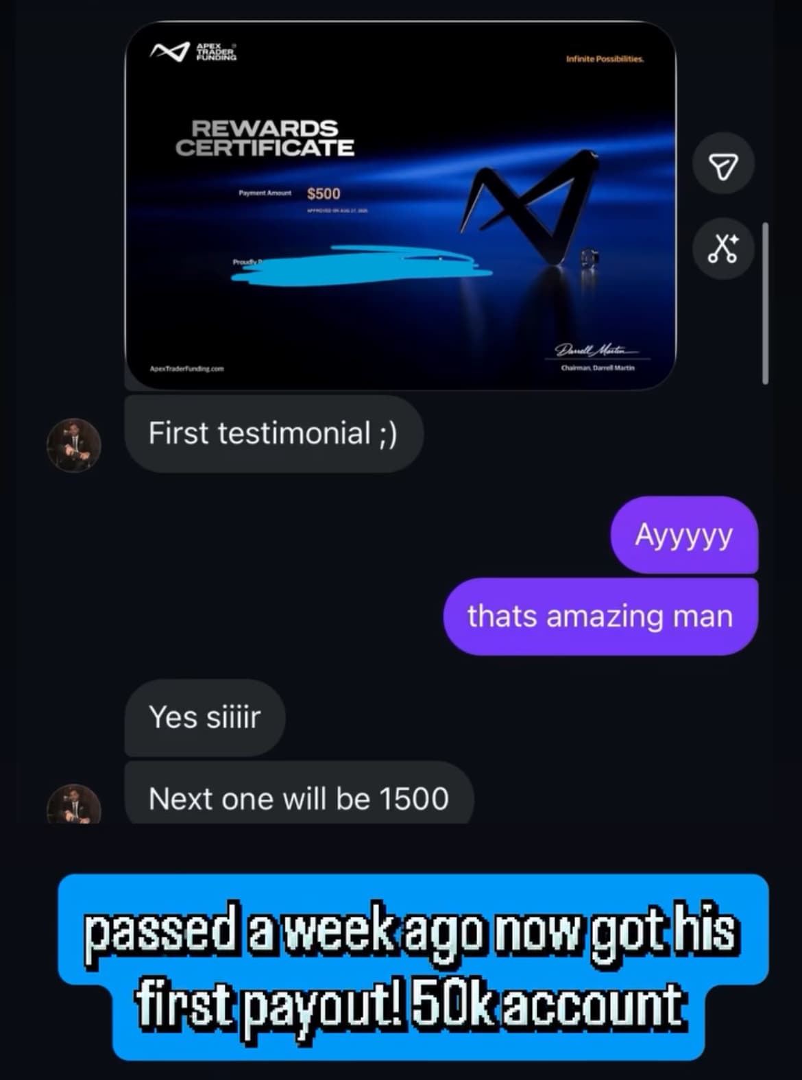 Discord chat celebrating a member's $500 payout on a 50K funded account, passed a week earlier
