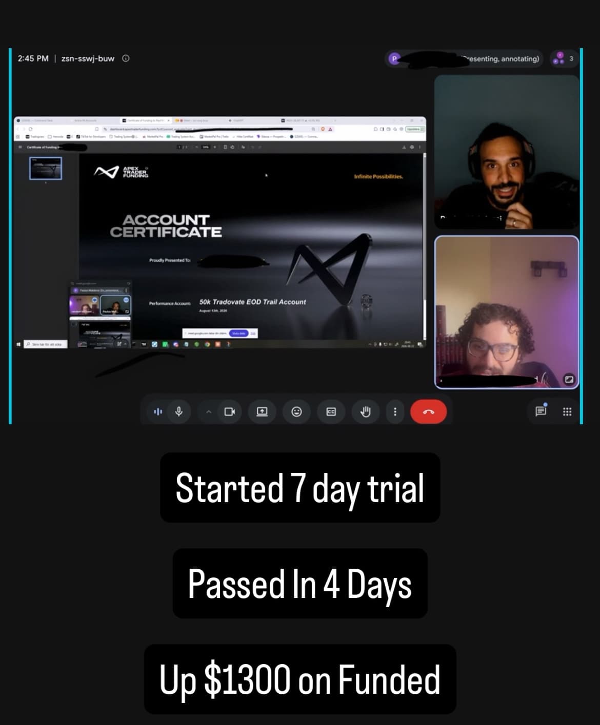 Member who started a 7-day trial, passed a funded challenge in 4 days, up $1,300 on a 50K funded account
